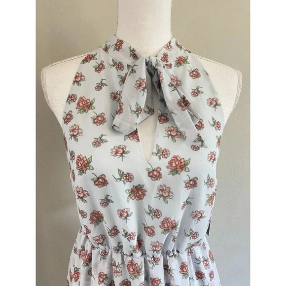 NWT Lovers + Friends Dress Fit Flare Tie Neckline Blue Pink Rose Print Small New - Picture 2 of 6